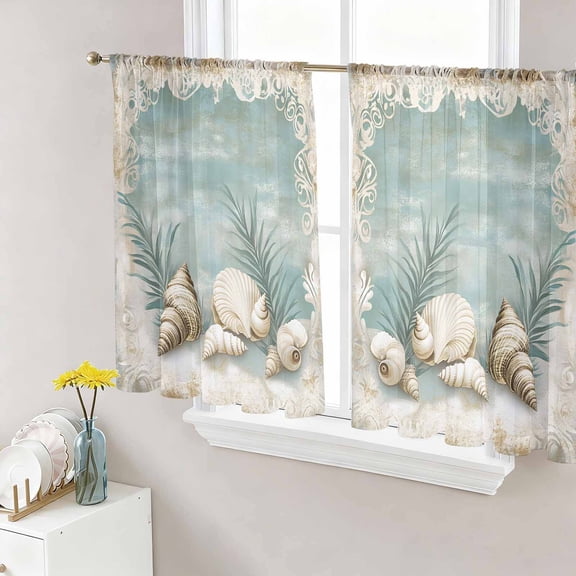 Sheer Curtains 45 Inch Length 2 Panels Set for Kitchen, Teal Coastal Semi Sheer Curtains for Windows, Vintage Ocean Beach Shell Nautical Voile Window Treatments Rod Pocket Curtain