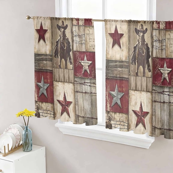 Sheer Curtains 45 Inch Length 2 Panels Set for Kitchen, Texas Star Vintage Semi Sheer Curtains for Windows, Western Cowboy Country Wooden Voile Window Treatments Rod Pocket Curtain