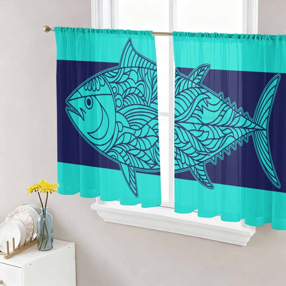 Sheer Curtains 45 Inch Length 2 Panels Set for Kitchen, Tropical Fish Semi Sheer Curtains for Windows, Mandalas Boho Modern Green Abstract Stripe Voile Window Treatments Rod Pocket Curtain