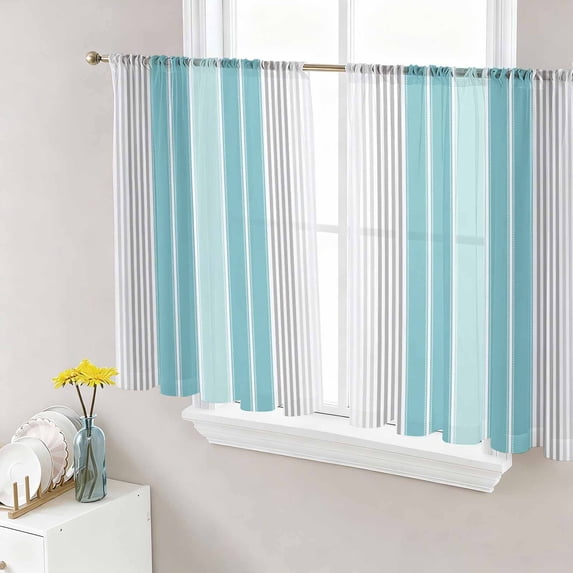 Sheer Curtains 45 Inch Length 2 Panels Set for Kitchen, Turquoise Aqua Stripes Semi Sheer Curtains for Windows, Modern Minimalist Abstract Lines Voile Window Treatments Rod Pocket Curtain