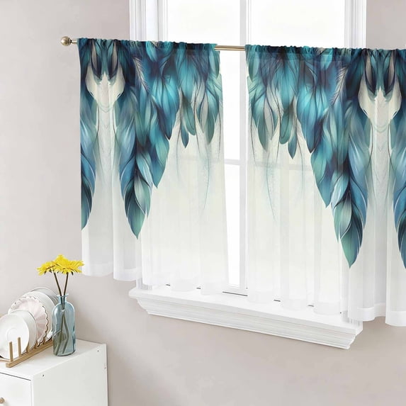 Sheer Curtains 45 Inch Length 2 Panels Set for Kitchen, Turquoise Feather Semi Sheer Curtains for Windows, Abstract Beige Peacock Feather Voile Window Treatments Rod Pocket Curtain