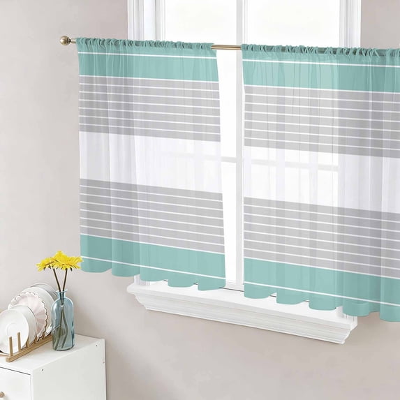 Sheer Curtains 45 Inch Length 2 Panels Set for Kitchen, Turquoise Grey Stripe Semi Sheer Curtains for Windows, Modern Art Horizontal Striped Voile Window Treatments Rod Pocket Curtain