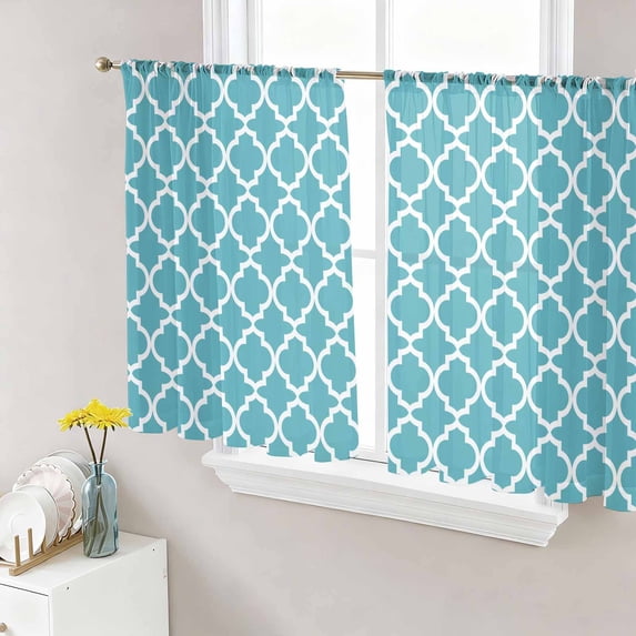 Sheer Curtains 45 Inch Length 2 Panels Set for Kitchen, Turquoise Morocco Semi Sheer Curtains for Windows, Boho Ethnic Traditional Geometric Voile Window Treatments Rod Pocket Curtain