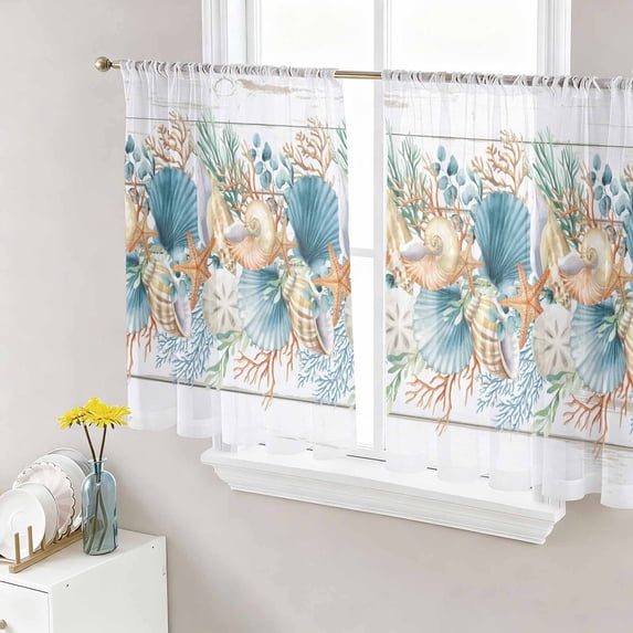 Sheer Curtains 45 Inch Length 2 Panels Set for Kitchen, Vintage Beach Coastal Semi Sheer Curtains for Windows, Nautical Shell Starfish Coral Summer Voile Window Treatments Rod Pocket Curtain