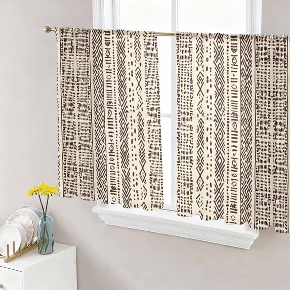 Sheer Curtains 45 Inch Length 2 Panels Set for Kitchen, Vintage Boho Semi Sheer Curtains for Windows, Abstract Retro Geometric Striped Beige Voile Window Treatments Rod Pocket Curtain