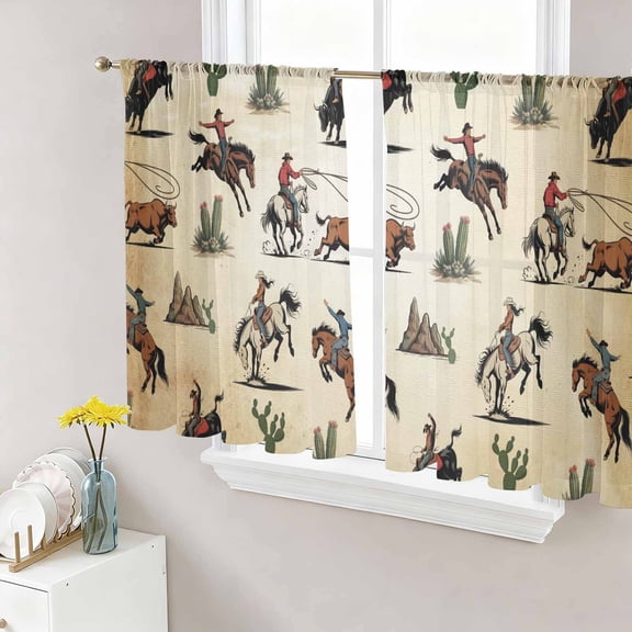 Sheer Curtains 45 Inch Length 2 Panels Set for Kitchen, Western Cowboys Semi Sheer Curtains for Windows, Brown Vintage Country Cactus Voile Window Treatments Rod Pocket Curtain