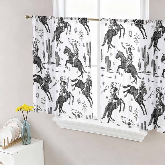 Sheer Curtains 45 Inch Length 2 Panels Set for Kitchen, Western Cowboys Semi Sheer Curtains for Windows, Vintage Desert Cactus Horseshoe White Voile Window Treatments Rod Pocket Curtain