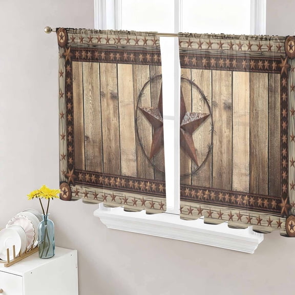 Sheer Curtains 45 Inch Length 2 Panels Set for Kitchen, Western Farmhouse Semi Sheer Curtains for Windows, Primitive Rustic Country Retro Texas Star Voile Window Treatments Rod Pocket Curtain