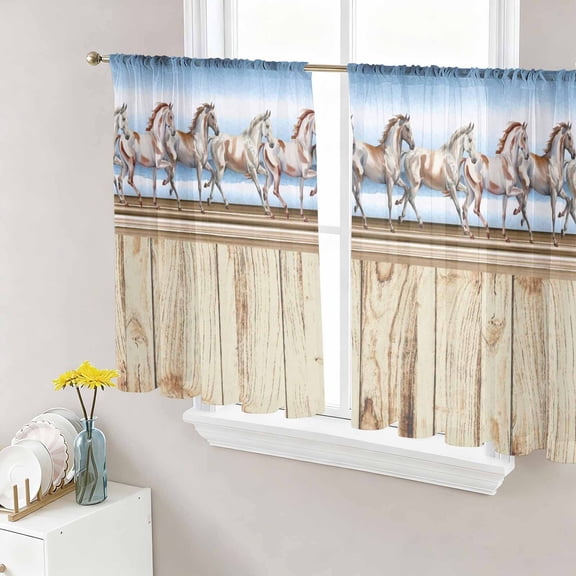 Sheer Curtains 45 Inch Length 2 Panels Set for Kitchen, Western Horse Semi Sheer Curtains for Windows, Farmhouse Wooden Grain Vintage Cowboy Barn Door Voile Window Treatments Rod Pocket Curtain