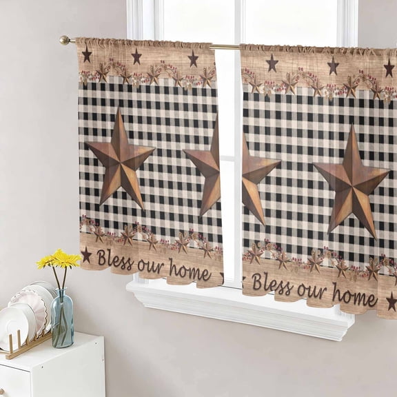 Sheer Curtains 45 Inch Length 2 Panels Set for Kitchen, Western Texas Star Vintage Semi Sheer Curtains for Windows, Rustic Wreath Wood Black Plaid Voile Window Treatments Rod Pocket Curtain