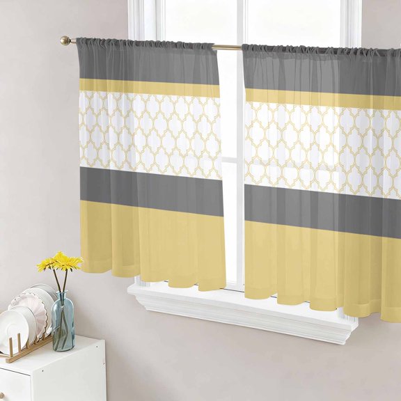 Sheer Curtains 45 Inch Length 2 Panels Set for Kitchen, Yellow Morocco Semi Sheer Curtains for Windows, Geometric Grey Stripes Modern Voile Window Treatments Rod Pocket Curtain