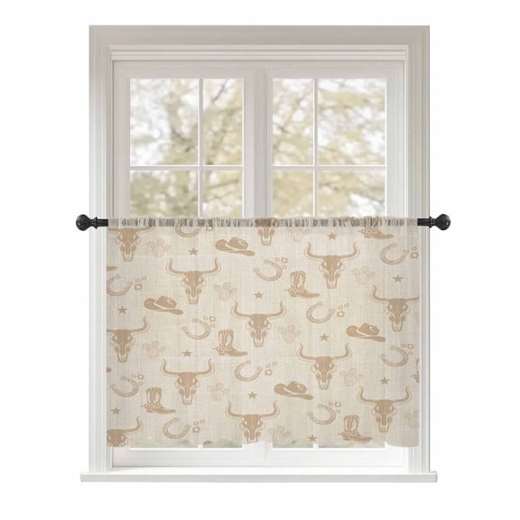 Sheer Curtains 45 Inch Length, Beige Cow Skull Semi Sheer Curtains Light Filtering Window Treatment, Southwestern Vintage Cowboy Boots Burlap Privacy Voile Drapes for Living Room Bedroom 52x45 Inch