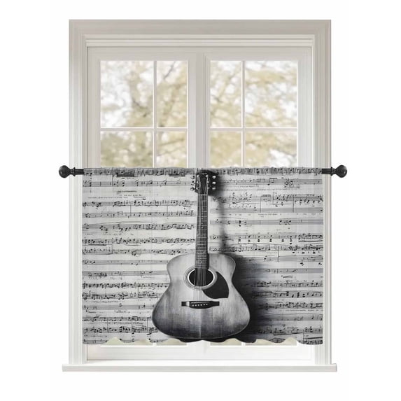 Sheer Curtains 45 Inch Length, Black Grey Guitar Semi Sheer Curtains Light Filtering Window Treatment, Vintage Musical Guitar Sheet Abstract Privacy Voile Drapes for Living Room Bedroom 52x45 Inch