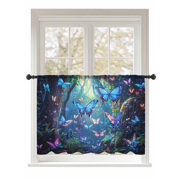 Sheer Curtains 45 Inch Length, Blue Butterfly Semi Sheer Curtains Light Filtering Window Treatment, Modern Art Forest Butterflies Privacy Voile Drapes for Living Room Bedroom 52x45 Inch