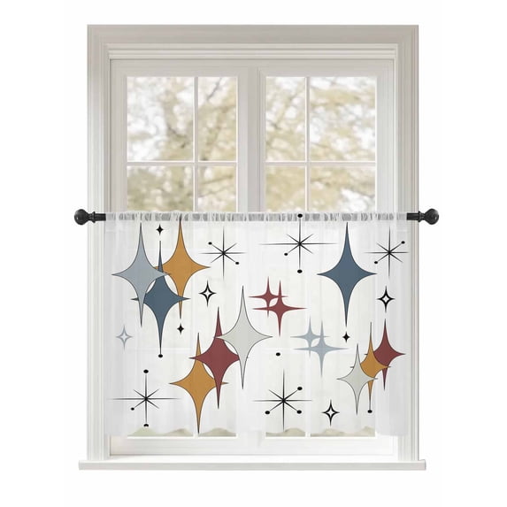 Sheer Curtains 45 Inch Length, Blue Red Diamond Semi Sheer Curtains Light Filtering Window Treatment, Modern Geometric Middle Century Privacy Voile Drapes for Living Room Bedroom 52x45 Inch