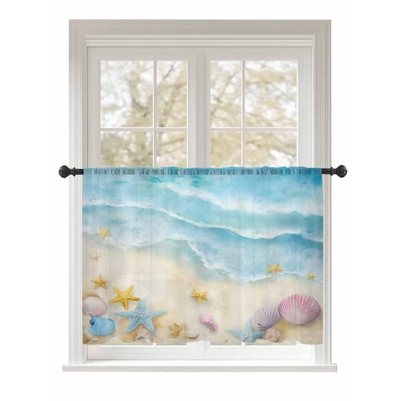 Sheer Curtains 45 Inch Length, Blue Semi Sheer Curtains Light Filtering Window Treatment, Summer Beach Coastal Nautical Ocean Starfish Privacy Voile Drapes for Living Room Bedroom 52x45 Inch