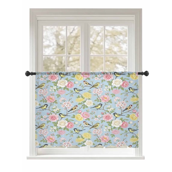 Sheer Curtains 45 Inch Length, Blue Spring Floral Semi Sheer Curtains Light Filtering Window Treatment, Elegant Farmhouse Flowers Birds Watercolor Privacy Voile Drapes for Living Room 52x45 Inch
