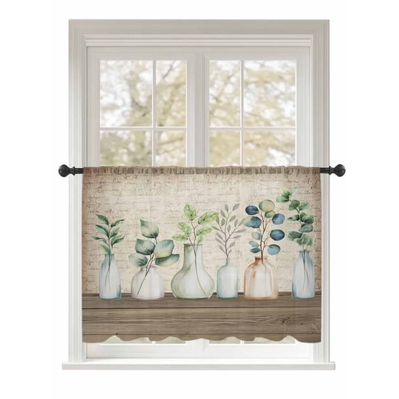 Sheer Curtains 45 Inch Length, Bottles and Plants Semi Sheer Curtains Light Filtering Window Treatment, Farmhouse Country Rustic Brown Wooden Plank Privacy Voile Drapes for Living Room 52x45 Inch