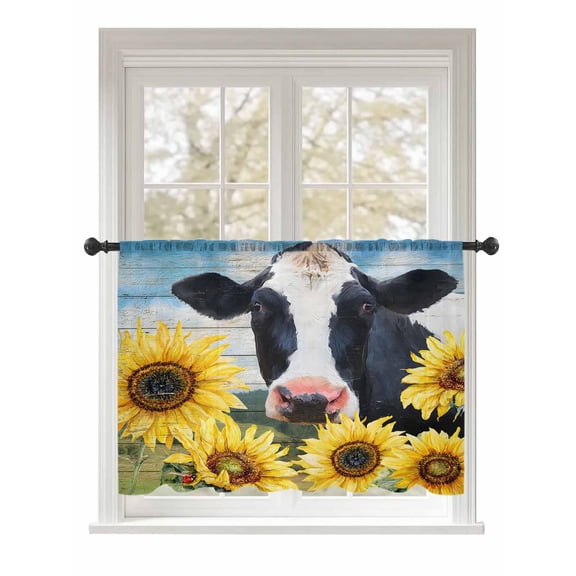 Sheer Curtains 45 Inch Length, Cow Sunflowers Semi Sheer Curtains Light Filtering Window Treatment, Farmhouse Animal Blue Sky Wooden Grain Privacy Voile Drapes for Living Room Bedroom 52x45 Inch