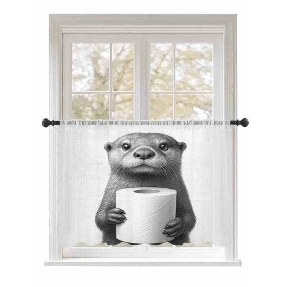 Sheer Curtains 45 Inch Length, Cute Otter Semi Sheer Curtains Light Filtering Window Treatment, Funny Animal with Toilet Paper Privacy Voile Drapes for Living Room Bedroom 52x45 Inch