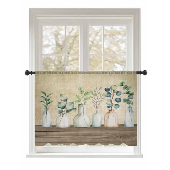 Sheer Curtains 45 Inch Length, Farmhouse Botanical Semi Sheer Curtains Light Filtering Window Treatment, Bottles Plans Country Brown Wooden Grain Privacy Voile Drapes for Living Room 52x45 Inch