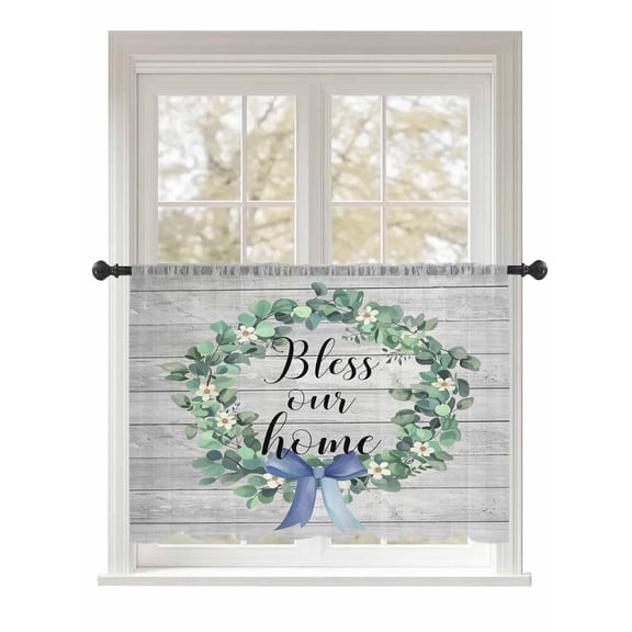 Sheer Curtains 45 Inch Length, Farmhouse Wooden Grain Semi Sheer Curtains Light Filtering Window Treatment, Eucalyptus Leaves Watercolor Bow Privacy Voile Drapes for Living Room Bedroom 52x45 Inch