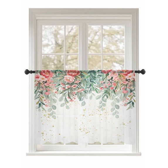 Sheer Curtains 45 Inch Length, Floral Leaves Semi Sheer Curtains Light Filtering Window Treatment, Summer Botanical Weeping Watercolor Privacy Voile Drapes for Living Room Bedroom 52x45 Inch