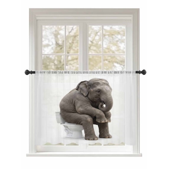 Sheer Curtains 45 Inch Length, Funny Elephants Semi Sheer Curtains Light Filtering Window Treatment, Cute Art Fun Lovely Animals on Toilets Privacy Voile Drapes for Living Room Bedroom 52x45 Inch