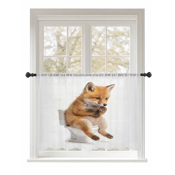 Sheer Curtains 45 Inch Length, Funny Foxes Semi Sheer Curtains Light Filtering Window Treatment, Cute Art Fun Lovely Animals on Toilets Privacy Voile Drapes for Living Room Bedroom 52x45 Inch