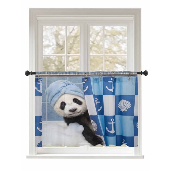 Sheer Curtains 45 Inch Length, Funny Panda Semi Sheer Curtains Light Filtering Window Treatment, Cute Art Modern Lovely Animals on Showering Blue Privacy Voile Drapes for Living Room 52x45 Inch
