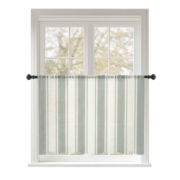 Sheer Curtains 45 Inch Length, Green Stripe Semi Sheer Curtains Light Filtering Window Treatment, Modern Farmhouse Geometric Striped Privacy Voile Drapes for Living Room Bedroom 52x45 Inch