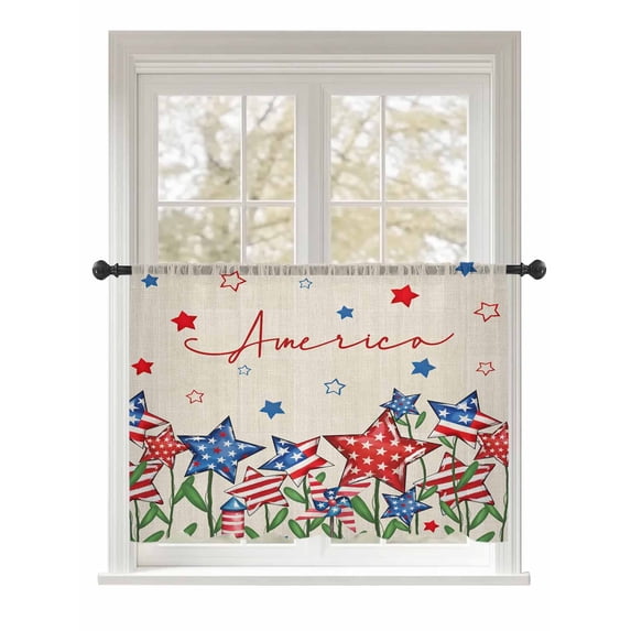 Sheer Curtains 45 Inch Length, Independence Day Semi Sheer Curtains Light Filtering Window Treatment, 4th of July Striped Stars Patriotic Burlap Privacy Voile Drapes for Living Room 52x45 Inch