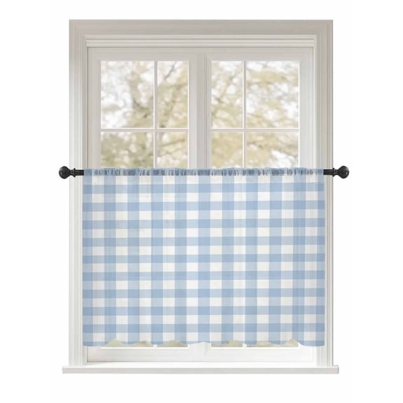 Sheer Curtains 45 Inch Length, Light Blue Plaid Semi Sheer Curtains Light Filtering Window Treatment, Modern Minimalist Country Privacy Voile Drapes for Living Room Bedroom 52x45 Inch