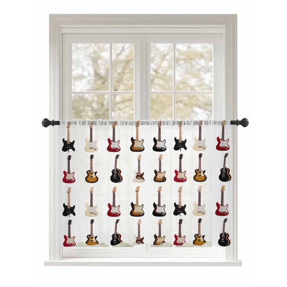 Sheer Curtains 45 Inch Length, Music Semi Sheer Curtains Light Filtering Window Treatment, Red Beige Guitar Modern Art Privacy Voile Drapes for Living Room Bedroom 52x45 Inch