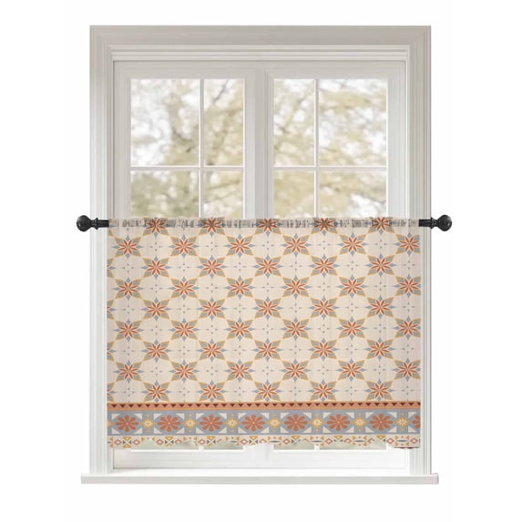 Sheer Curtains 45 Inch Length, Orange Floral Semi Sheer Curtains Light Filtering Window Treatment, Country Boho Ethnic Art Flowers Motifs Privacy Voile Drapes for Living Room Bedroom 52x45 Inch