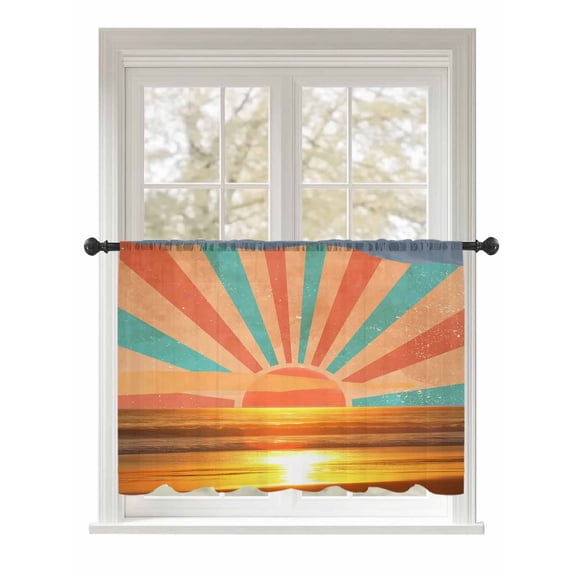 Sheer Curtains 45 Inch Length, Orange Sunset Semi Sheer Curtains Light Filtering Window Treatment, Abstract See Beach Landscape Vintage Privacy Voile Drapes for Living Room Bedroom 52x45 Inch