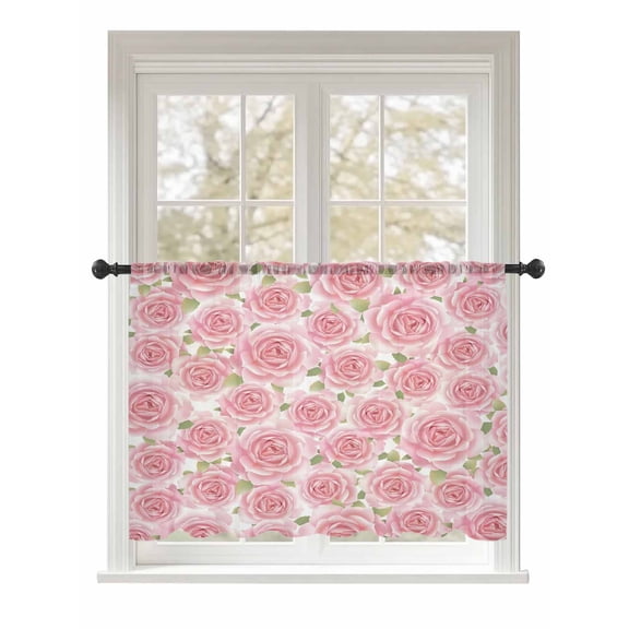 Sheer Curtains 45 Inch Length, Pink Roses Semi Sheer Curtains Light Filtering Window Treatment, Retro Flower Floral Botanicall Plant Leaf Privacy Voile Drapes for Living Room Bedroom 52x45 Inch