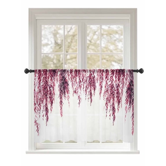 Sheer Curtains 45 Inch Length, Pink Semi Sheer Curtains Light Filtering Window Treatment, Summer Botanical Leaves Watercolor Privacy Voile Drapes for Living Room Bedroom 52x45 Inch