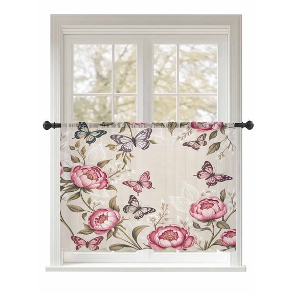 Sheer Curtains 45 Inch Length, Pink Spring Floral Semi Sheer Curtains Light Filtering Window Treatment, Farmhouse Flowers Butterflies Botanical Privacy Voile Drapes for Living Room 52x45 Inch