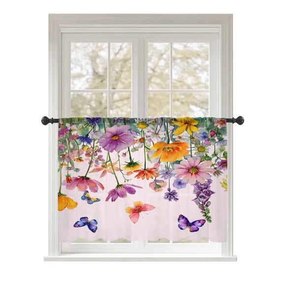 Sheer Curtains 45 Inch Length, Pink Spring Floral Semi Sheer Curtains Light Filtering Window Treatment, Farmhouse Flowers Butterfly Watercolor Privacy Voile Drapes for Living Room Bedroom 52x45 Inch