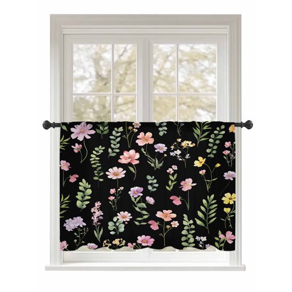 Sheer Curtains 45 Inch Length, Pink Spring Floral Semi Sheer Curtains Light Filtering Window Treatment, Flowers Botanical Elegant Pastoral Black Privacy Voile Drapes for Living Room 52x45 Inch