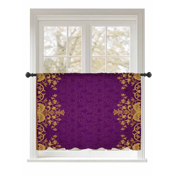 Sheer Curtains 45 Inch Length, Purple Orange Floral Semi Sheer Curtains Light Filtering Window Treatment, Boho Vintage Oriental Abstract Motif Privacy Voile Drapes for Living Room Bedroom 52x45 Inch