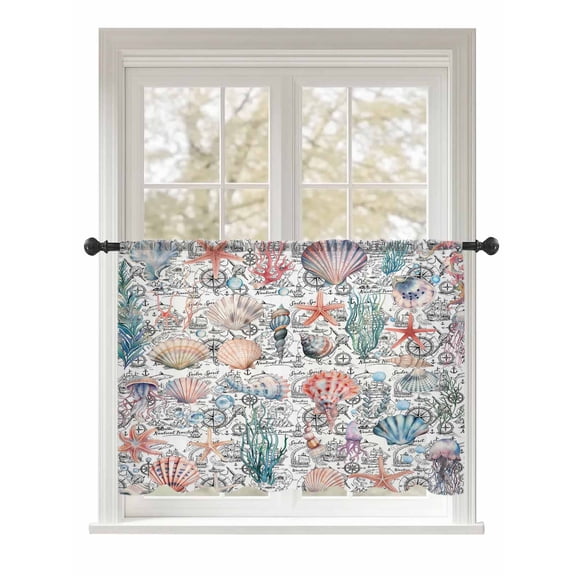 Sheer Curtains 45 Inch Length, Shell Starfish Coastal Semi Sheer Curtains Light Filtering Window Treatment, Nautical Ocean Summer Beach Privacy Voile Drapes for Living Room Bedroom 52x45 Inch