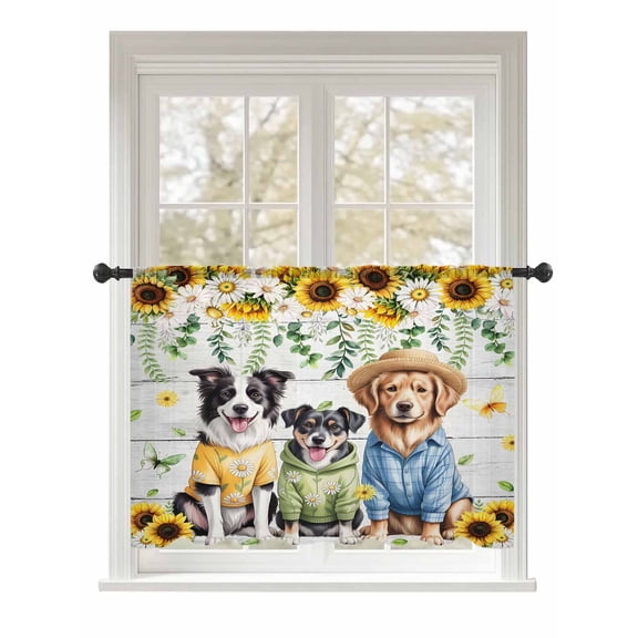 Sheer Curtains 45 Inch Length, Spring Dog Semi Sheer Curtains Light Filtering Window Treatment, Sunflower Daisy Botanical Vintage Privacy Voile Drapes for Living Room Bedroom 52x45 Inch