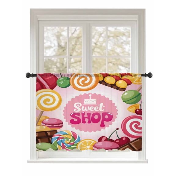 Sheer Curtains 45 Inch Length, Sweet Shop Words Semi Sheer Curtains Light Filtering Window Treatment, Candyland Colorful Lollipop Potatoes Privacy Voile Drapes for Living Room Bedroom 52x45 Inch