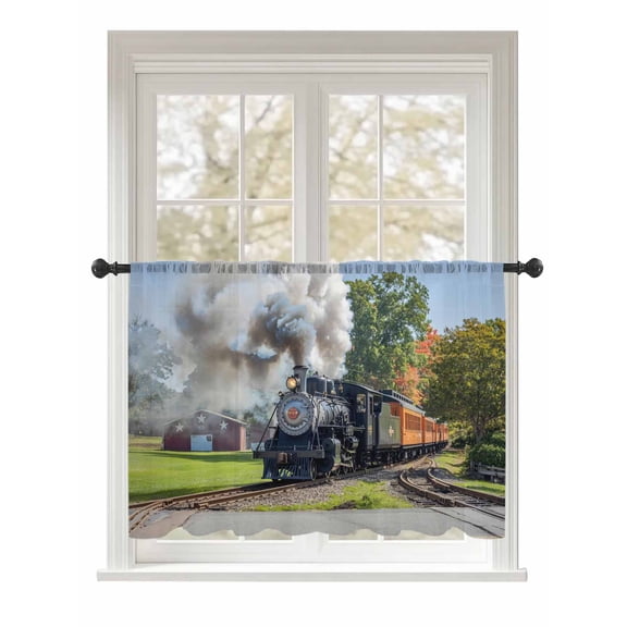 Sheer Curtains 45 Inch Length, Train Railway Semi Sheer Curtains Light Filtering Window Treatment, Countryside Cabin Trees Farmhouse Rustic Privacy Voile Drapes for Living Room Bedroom 52x45 Inch