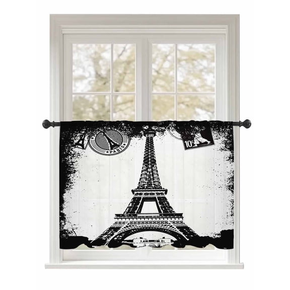 Sheer Curtains 45 Inch Length, Vintage Paris Semi Sheer Curtains Light Filtering Window Treatment, Chic Shabby Retro Landscape Black White Privacy Voile Drapes for Living Room Bedroom 52x45 Inch