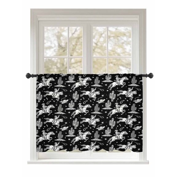 Sheer Curtains 45 Inch Length, Western Cowboys Semi Sheer Curtains Light Filtering Window Treatment, Vintage Desert Cactus Horseshoe Black Privacy Voile Drapes for Living Room Bedroom 52x45 Inch