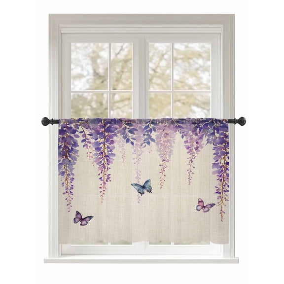 Sheer Curtains 45 Inch Length, Wisteria Semi Sheer Curtains Light Filtering Window Treatment, Spring Purple Flowers Butterflies Vintage Beige Privacy Voile Drapes for Living Room Bedroom 52x45 Inch