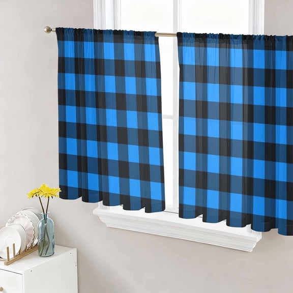 Sheer Curtains 45 Inches Long, Black Blue Plaid Light Filtering Window Curtains for Living Room/Bedroom, Country Buffalo Checked Gingham Rod Pocket Voile Sheer Curtain Drapes, 52"W x 45"L, 2 Panels